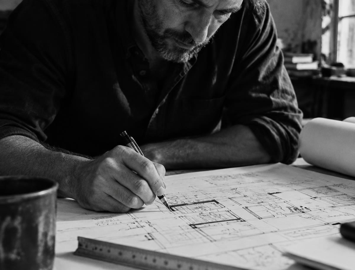 A professional looking over notes away from their desk, mid working day